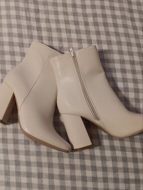 Faux Leather Cream Block Heel Ankle Boots